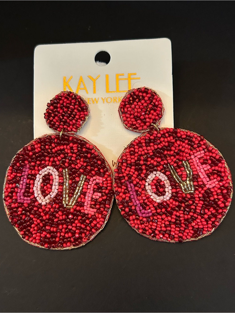 Kay Lee Red Hand Beaded 'LOVE' Boho Design Drop Earrings